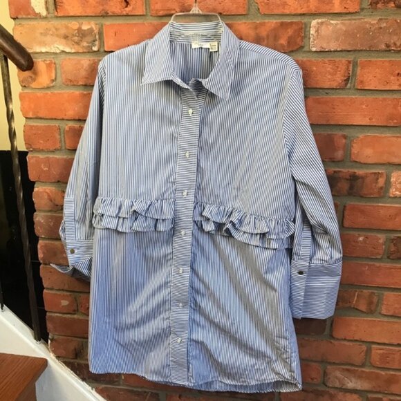 RIPE NEW Ruffle Striped Button Shirt Tunic Top Blouse Oversized Cotton Coastal M - Picture 2 of 16